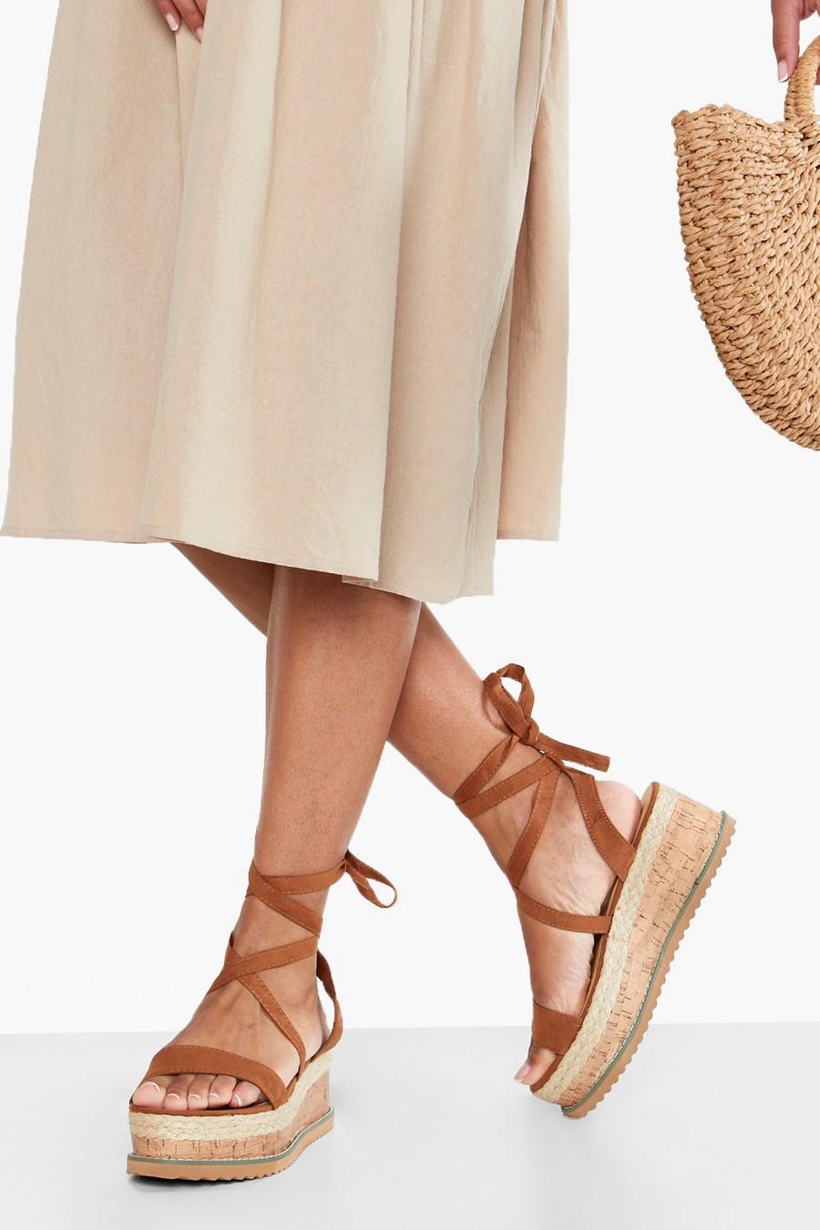 Tan Flatform Espadrille Lace Up Sandals image number 1