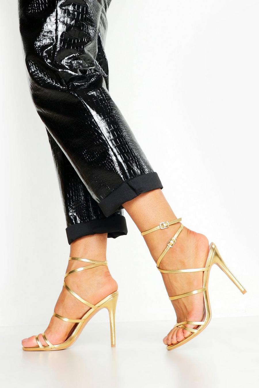 Gold Skinny Strap Lace Up Stiletto Heels image number 1