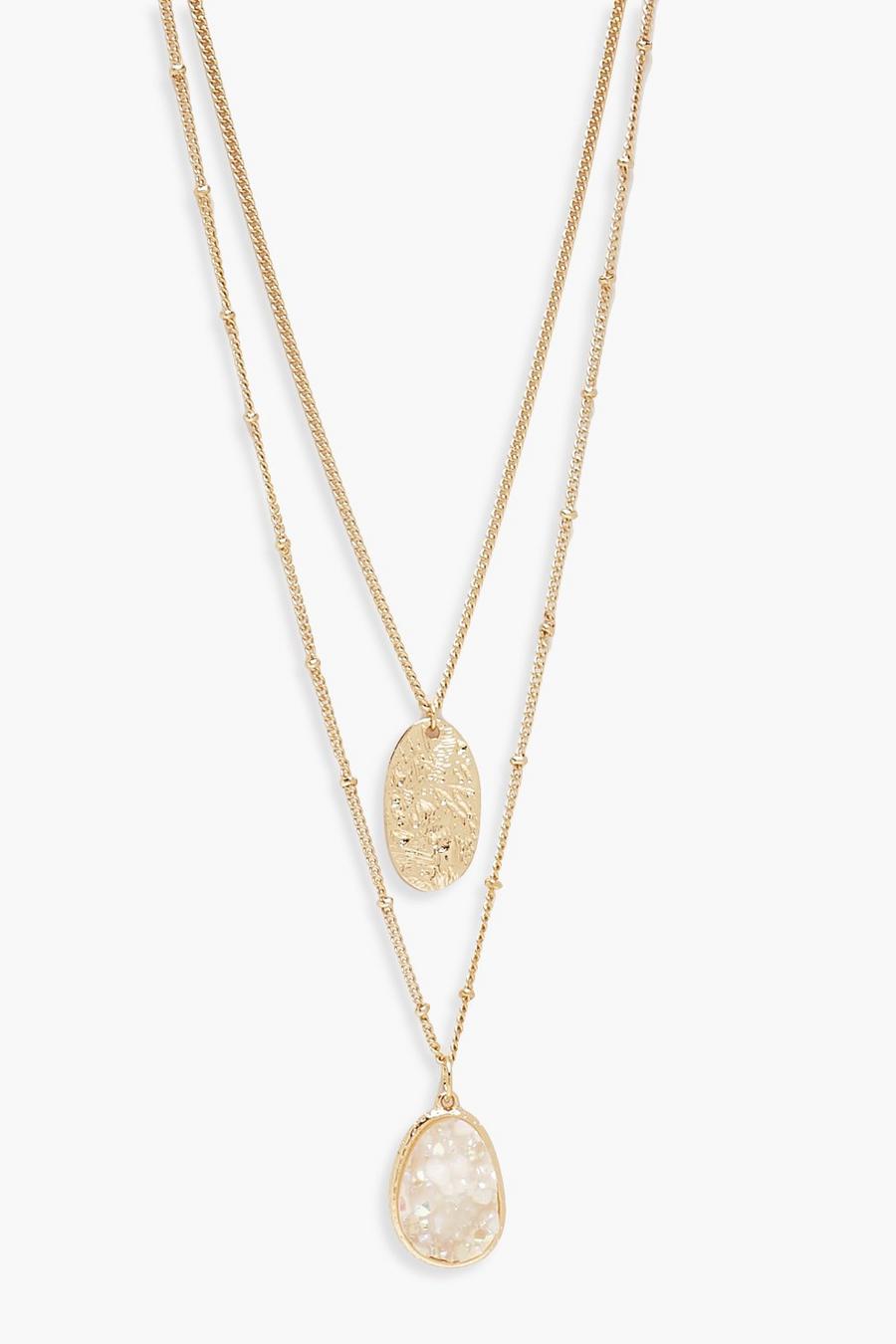 Gold Textured Coin & Iridescent Layered Necklace
