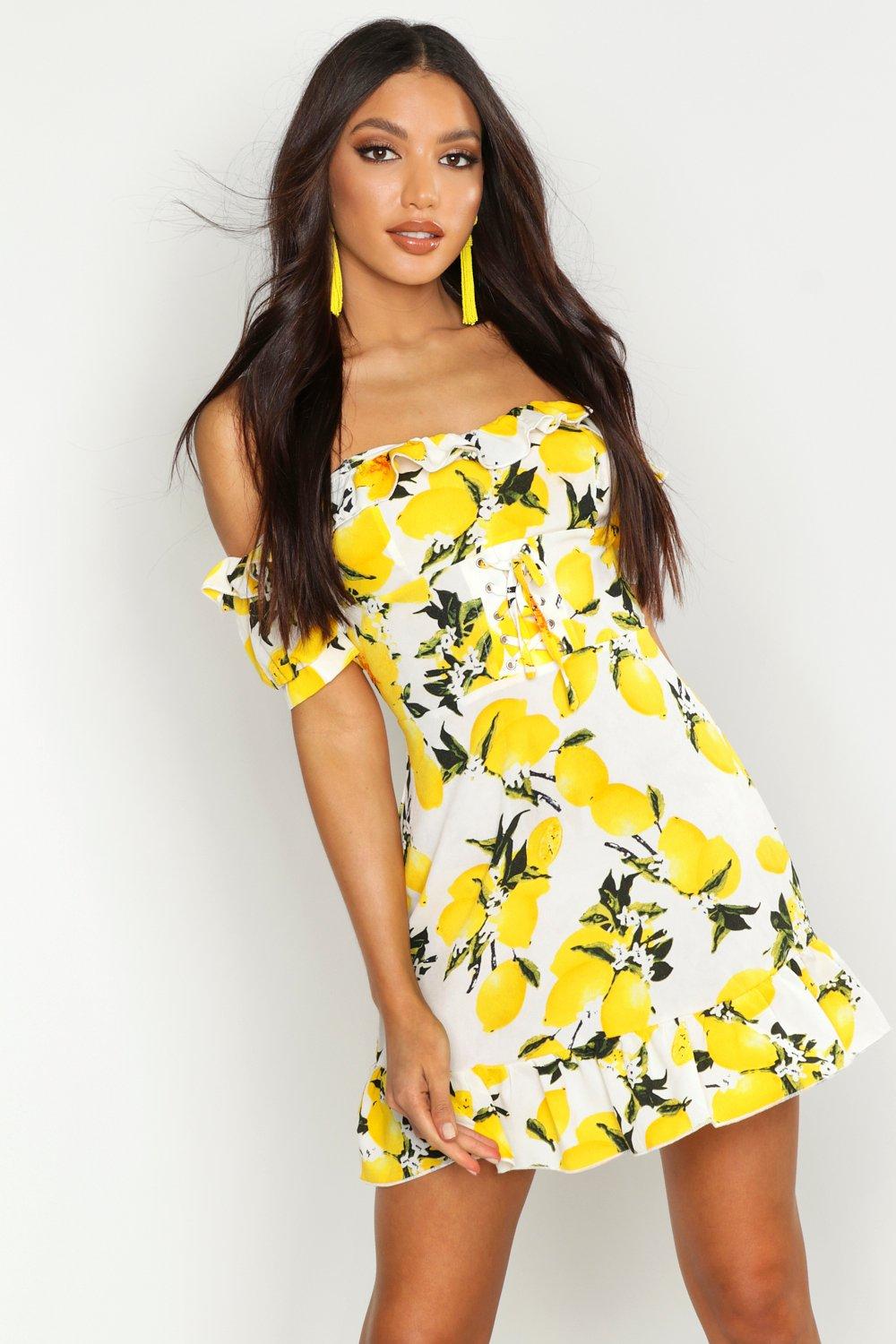 Mini Dresses Off The Shoulder Lemon Print Mini Dress
