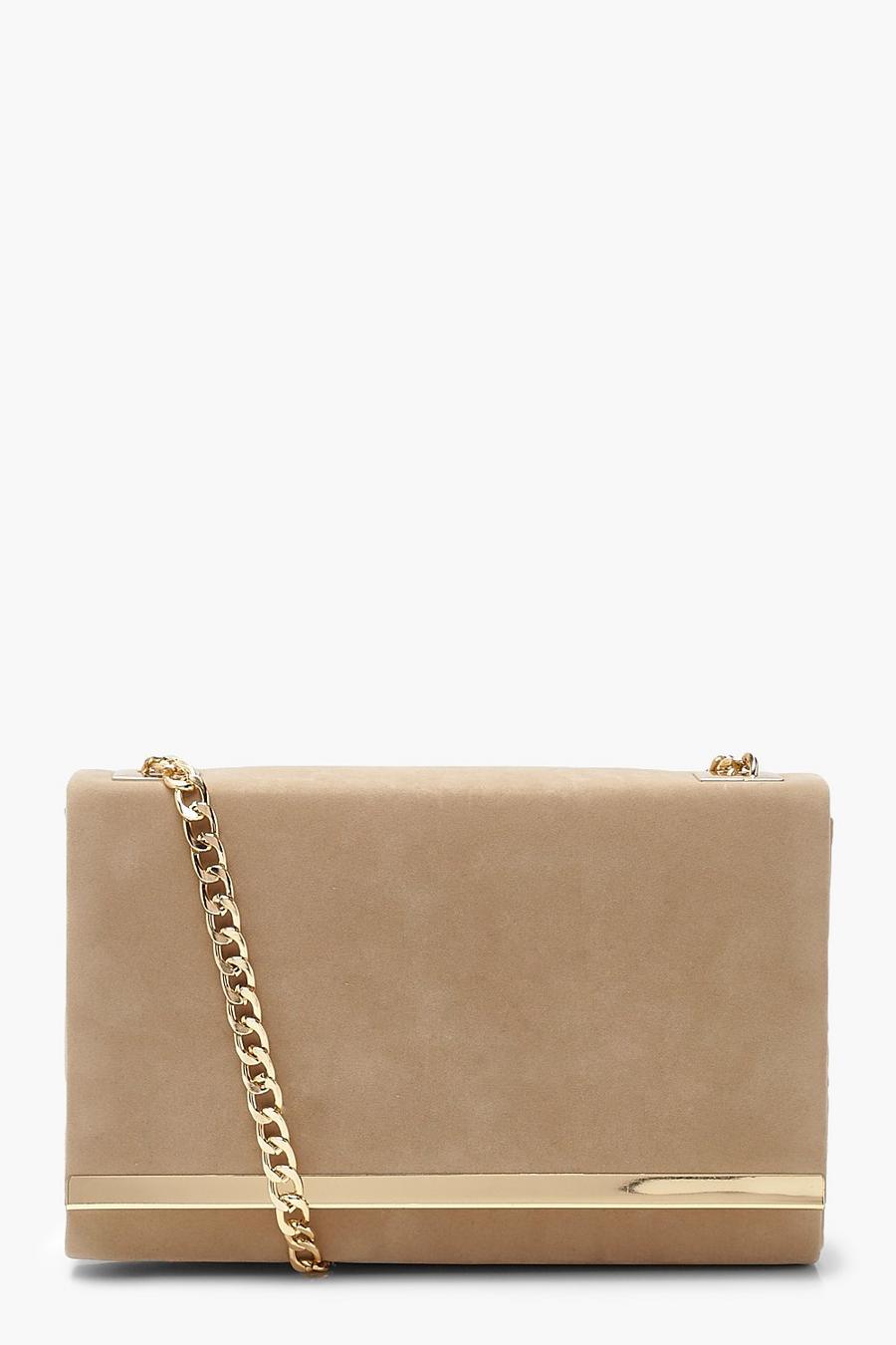 Taupe Structured Suedette Clutch Bag And Chain