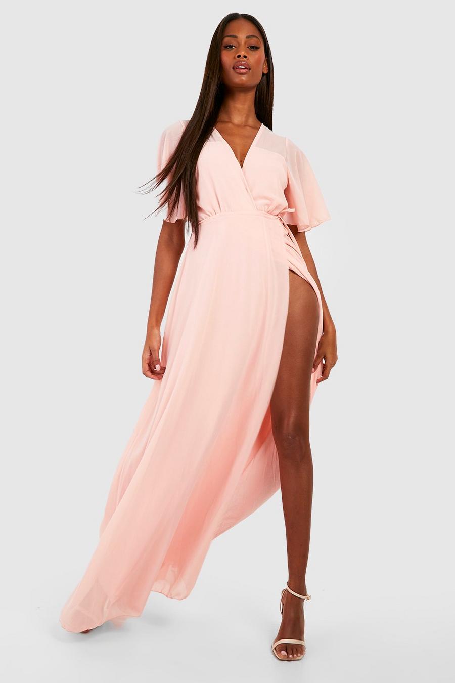 Blush Chiffon Angel Sleeve Wrap Maxi Bridesmaid Dress