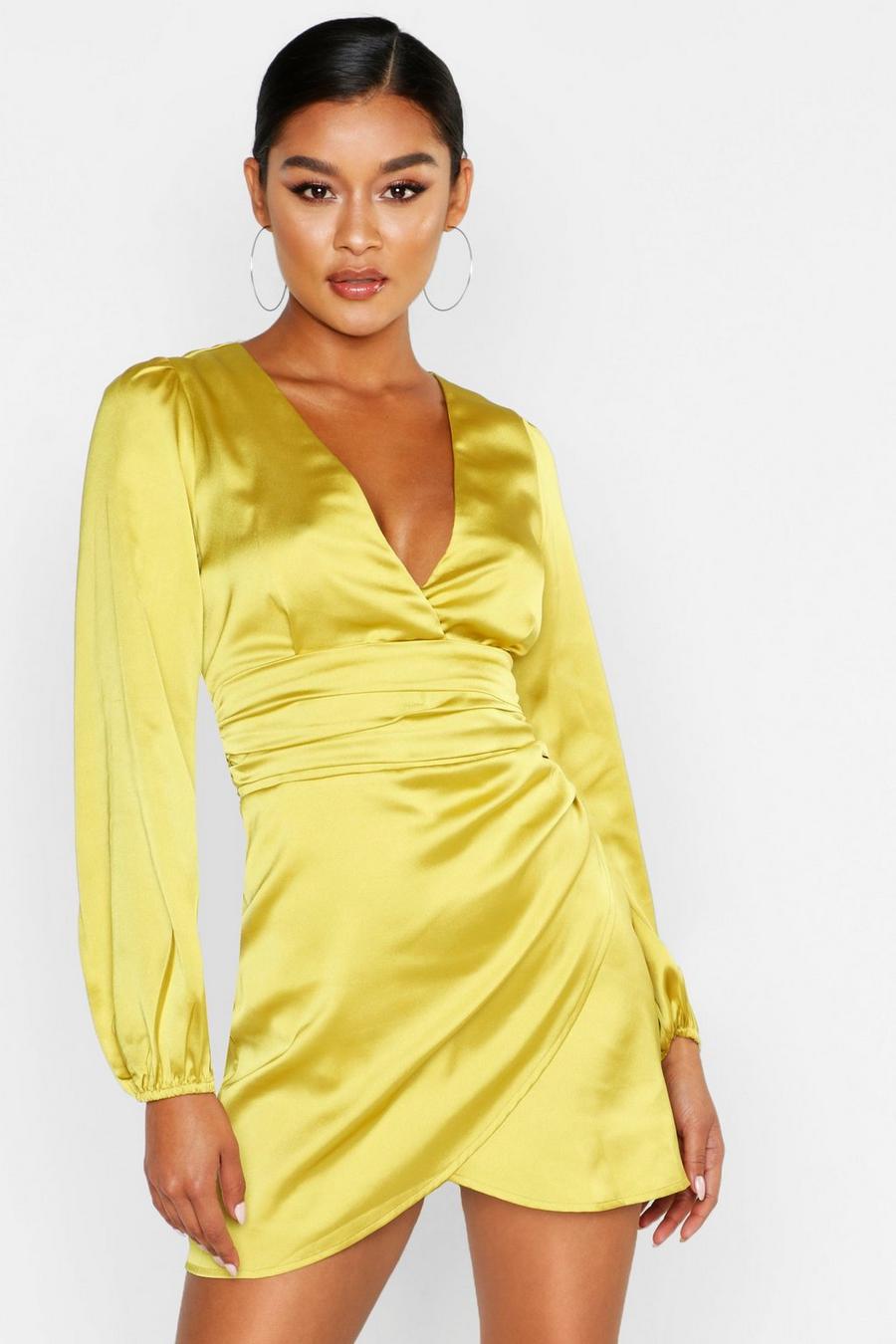 Chartreuse Satin Wrap Detail Mini Dress