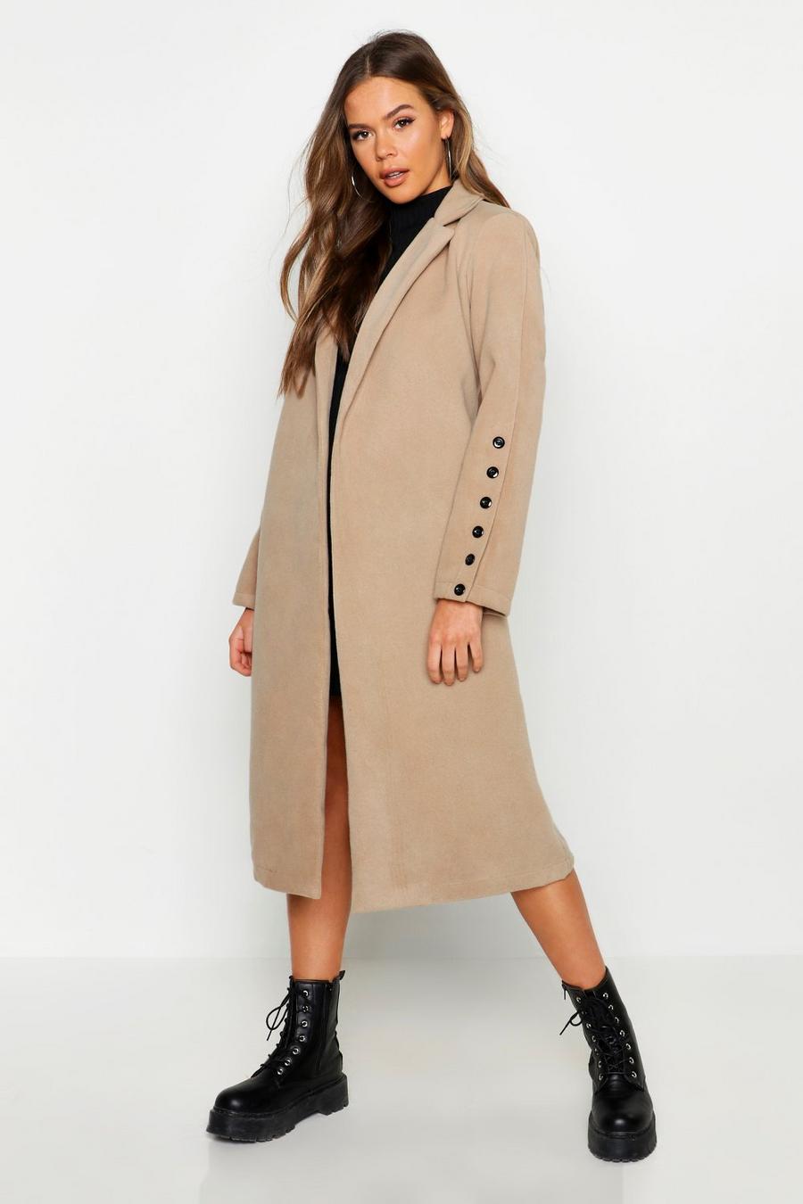 Camel Button Cuff Detail Wool Look Coat image number 1