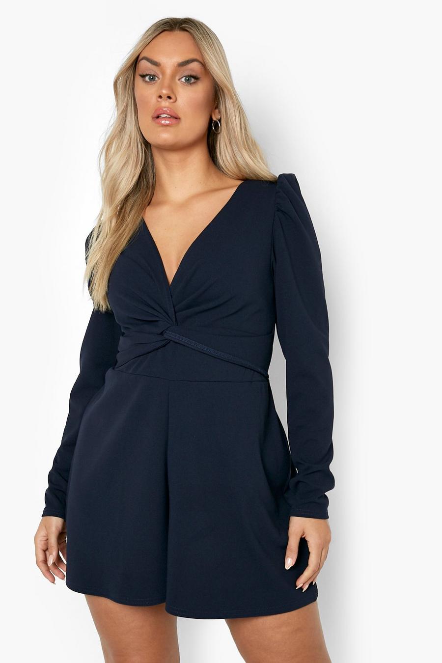 Navy Plus Puff Sleeve Twist Front Playsuit