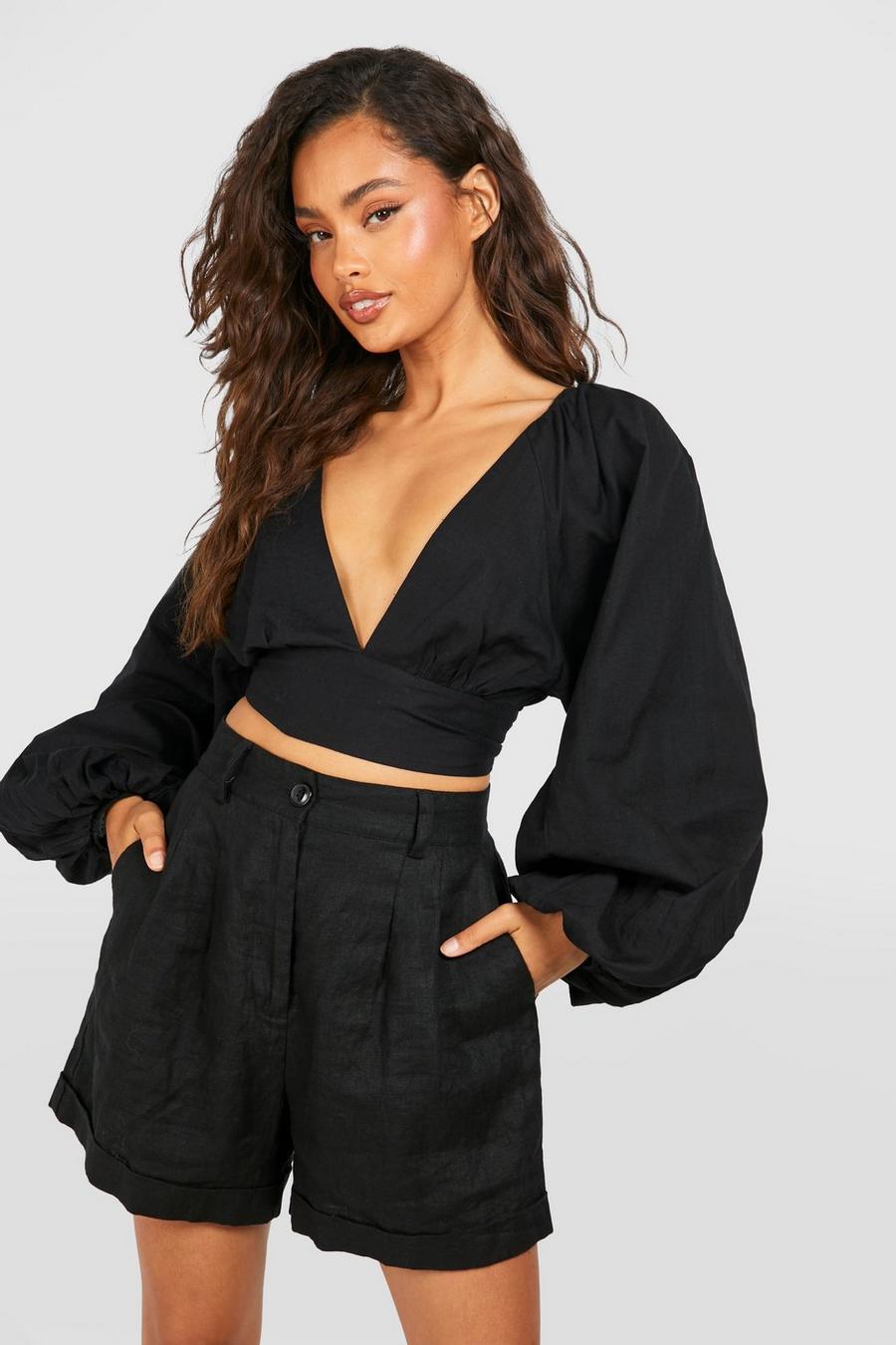 Black Linen Balloon Sleeve Tie Back Crop Top