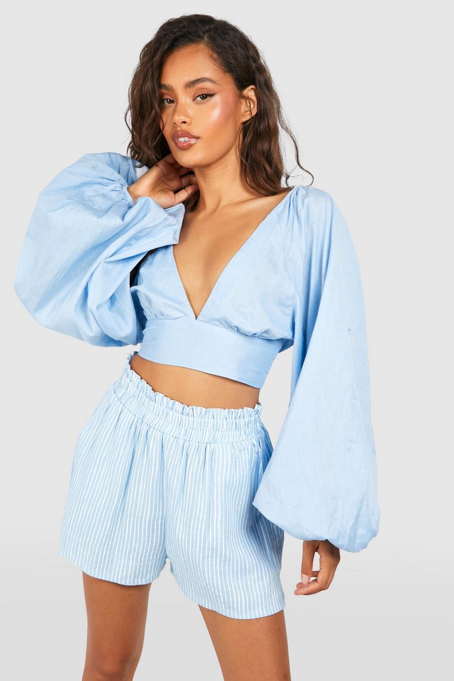 Light blue Linen Balloon Sleeve Tie Back Crop Top