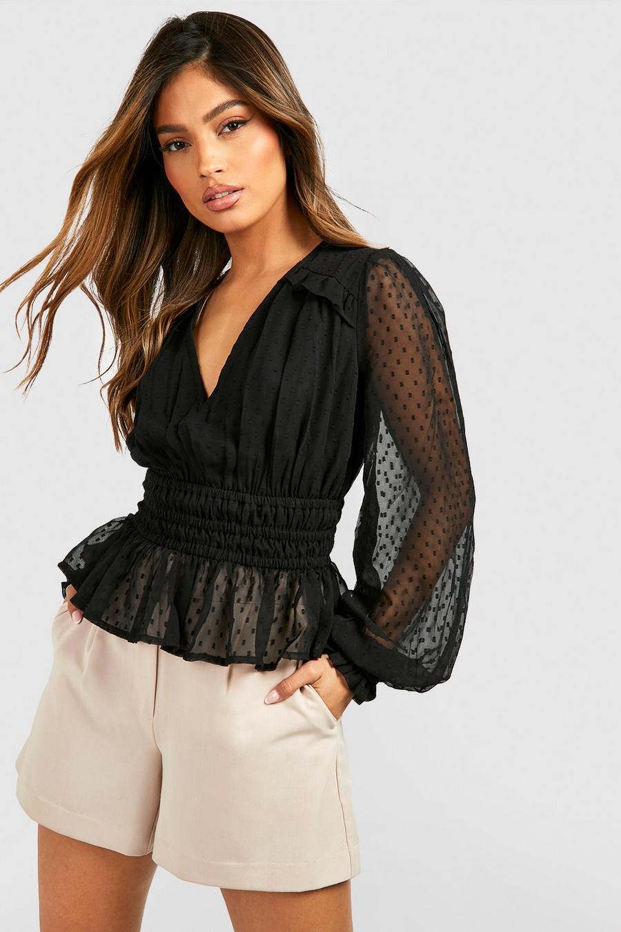 Black Dobby Mesh Long Sleeve Blouse