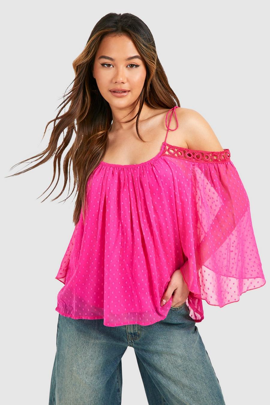 Top in rete plumetis con spalle scese, Pink