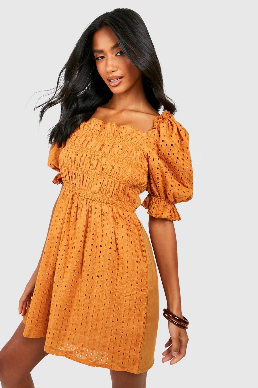 Tan Petite Broderie Puff Sleeve Shirred Dress image number 1