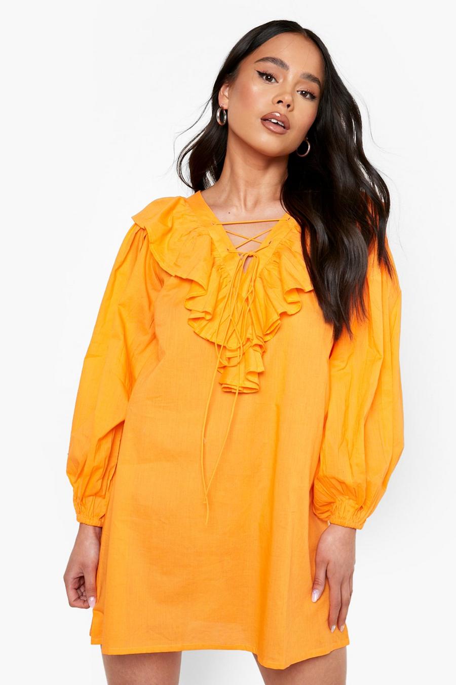 Vestido Petite holgado de algodón con tiras cruzadas y volante, Orange