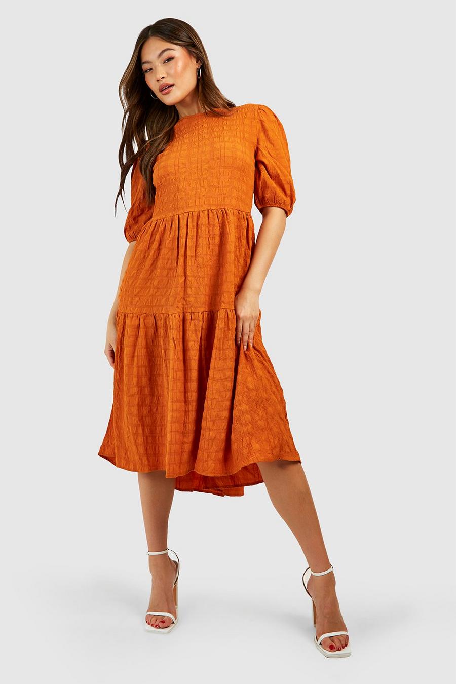 Mustard Textured Puff Sleeve Tiered Midi Dress