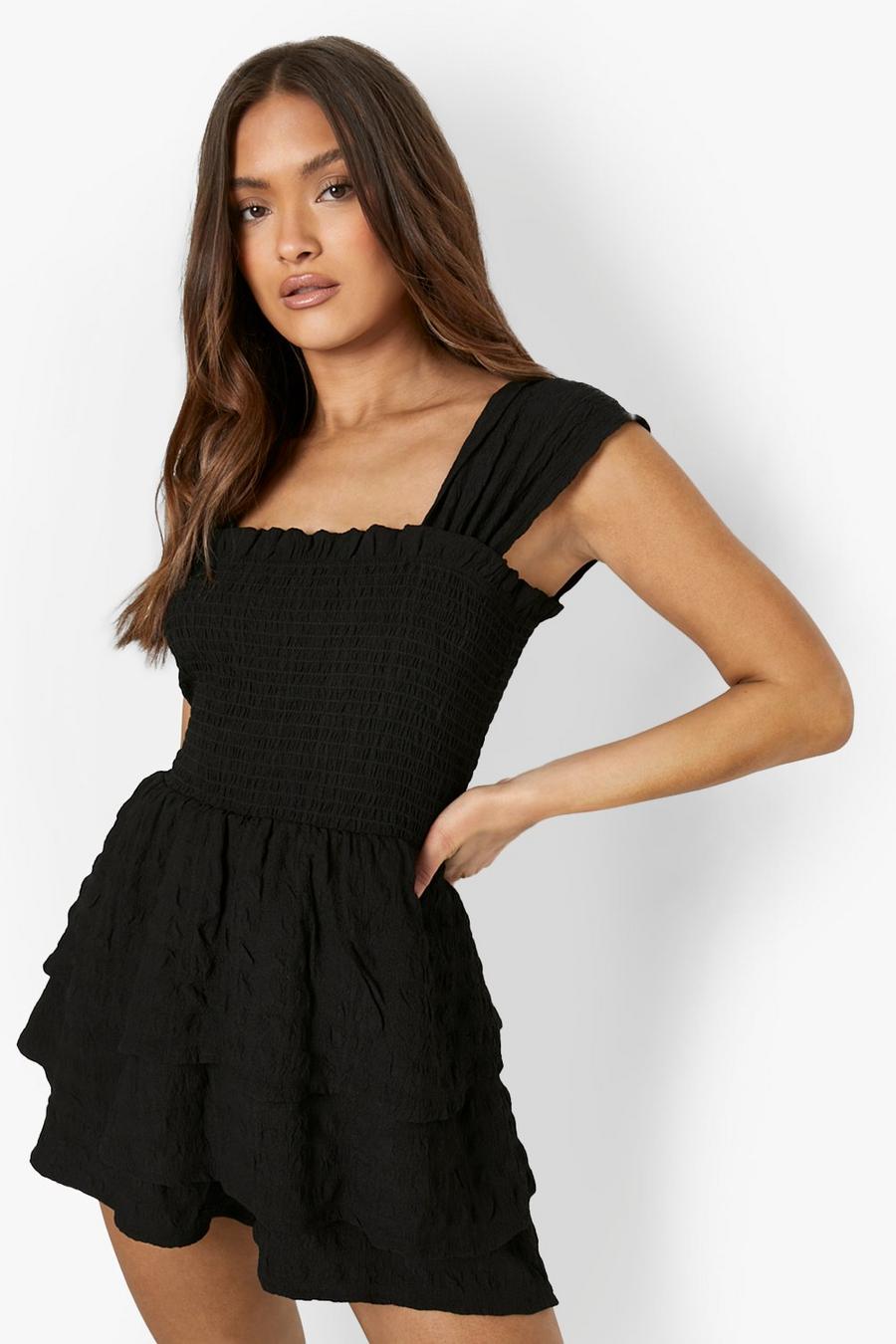 Black Textured Shirred Layered Playsuit image number 1