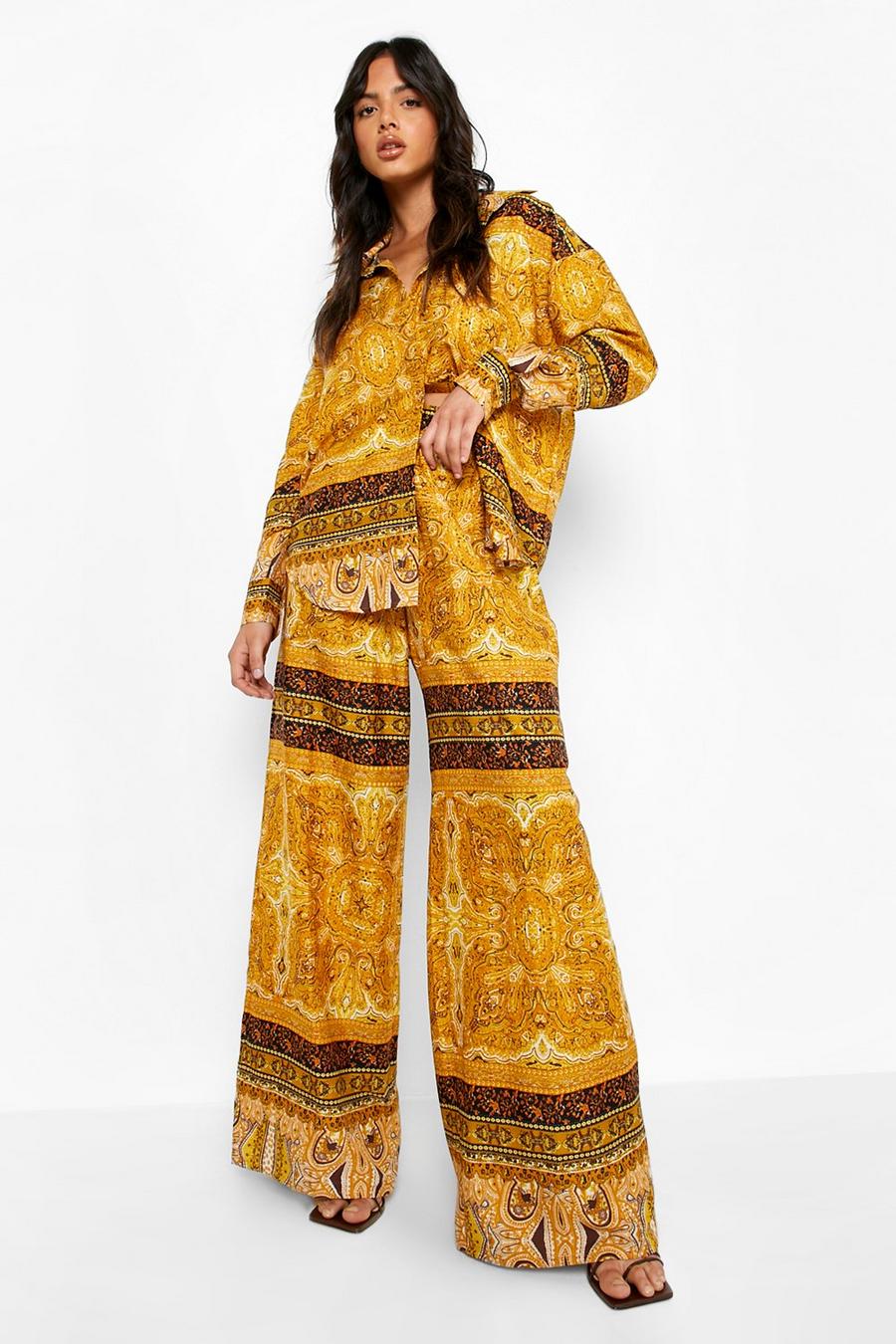 Mustard Paisley Border Print Wide Leg Trousers image number 1