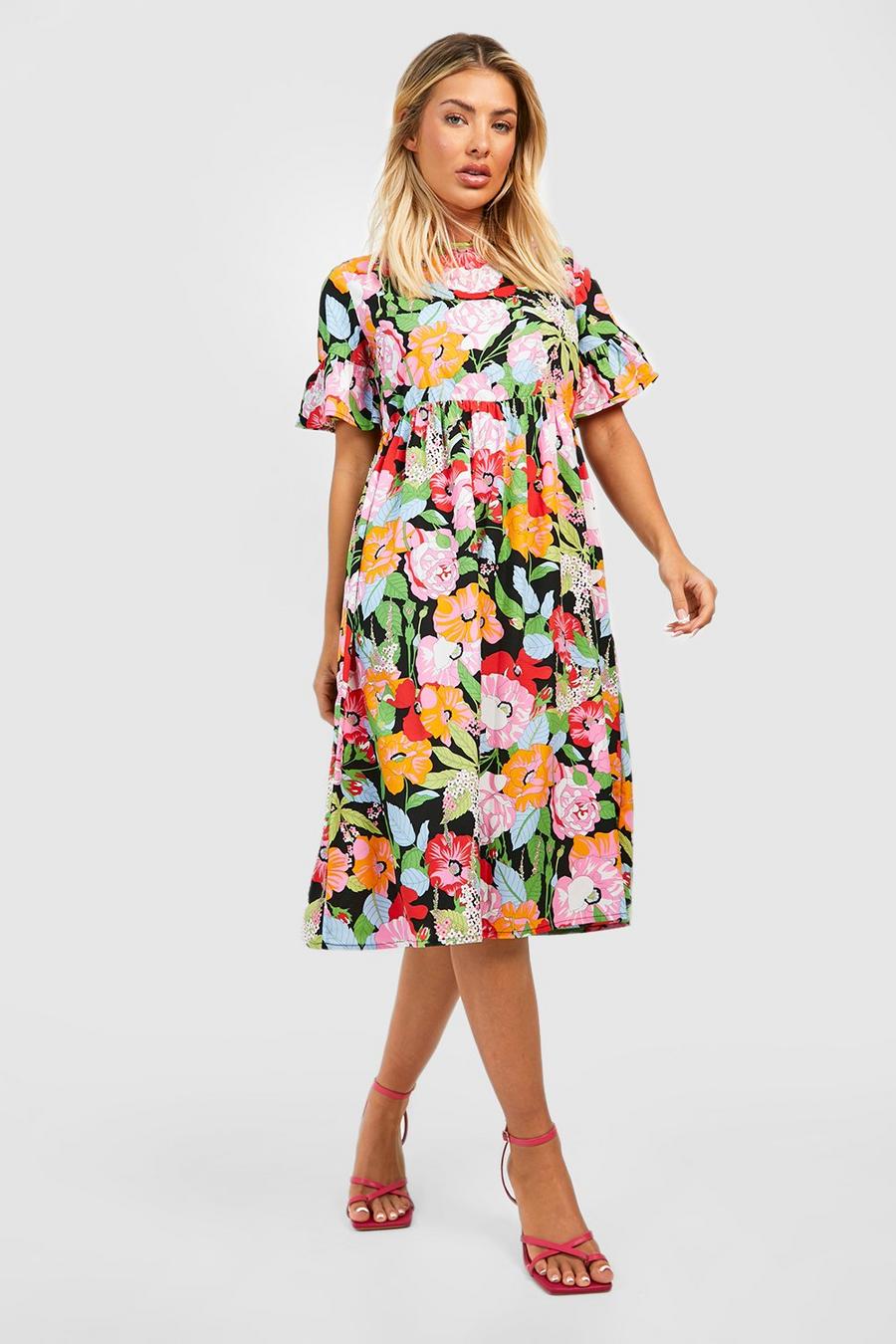 Black Gesmokte Bloemen Midi Jurk