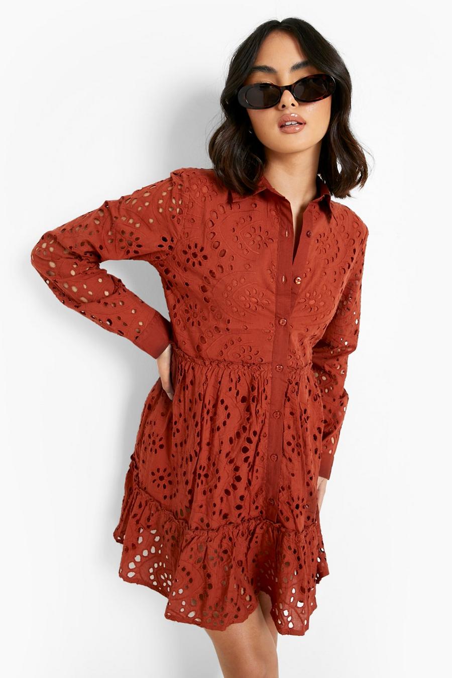Rust Broderie Tiered Shirt Dress image number 1