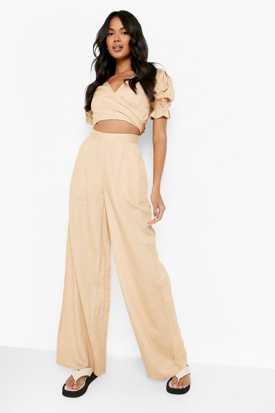 Stone Linen Wide Leg Relaxed Fit Trousers