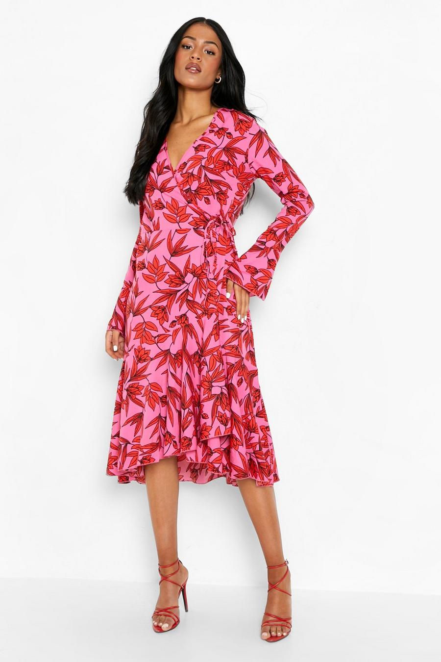 Pink Tall Contrast Floral Print Wrap Midi Dress