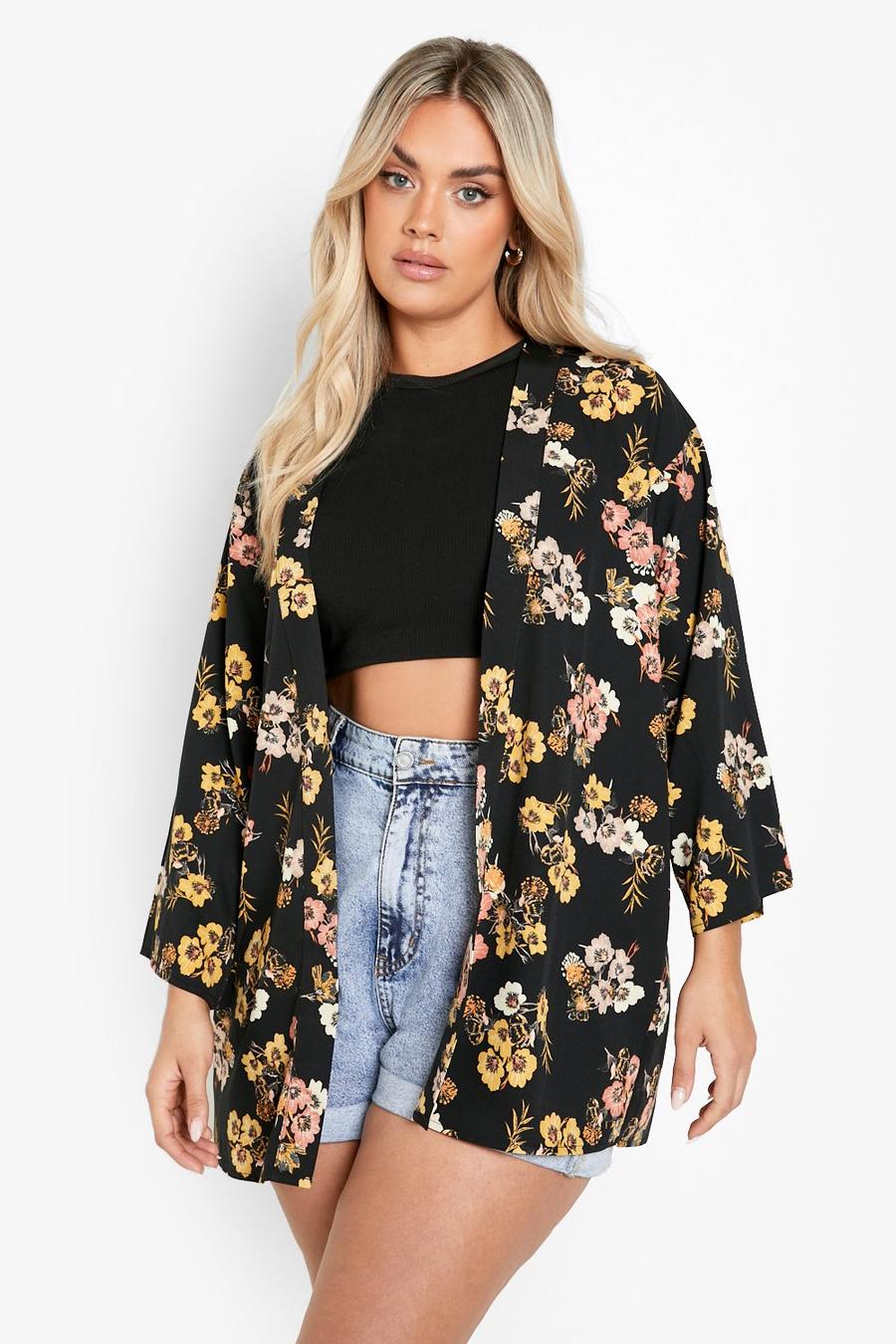 Grande taille - Kimono à imprimé fleuri, Black