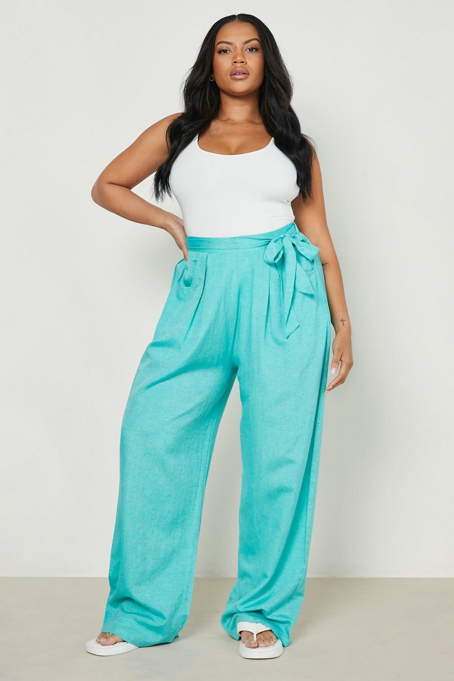 Turquoise Plus Linen Belted Wide Leg Pants