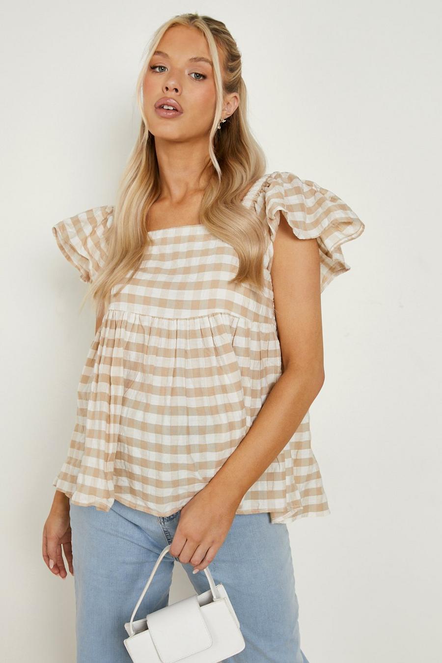 Stone Maternity Gingham Frill Sleeve Smock Top