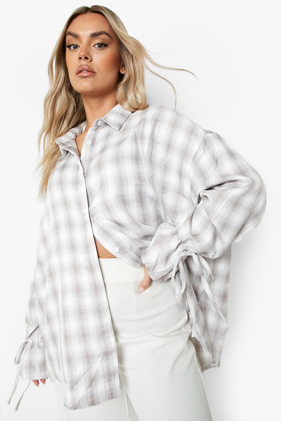 Camicia Plus Size a quadri con laccetti sui polsini, Grey