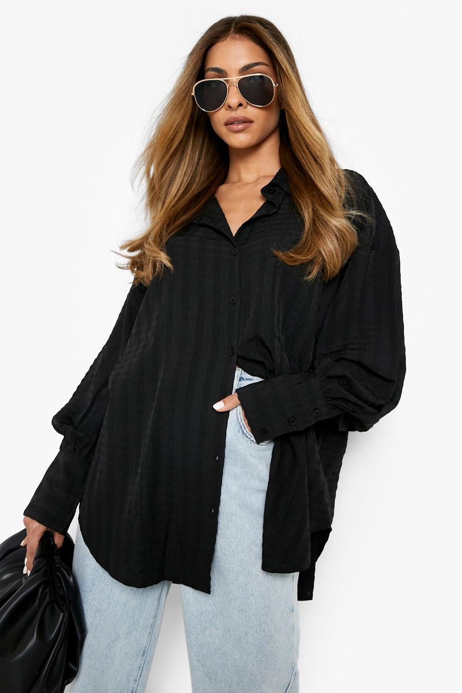 Black Textured Woven Oversized Shirt image number 1