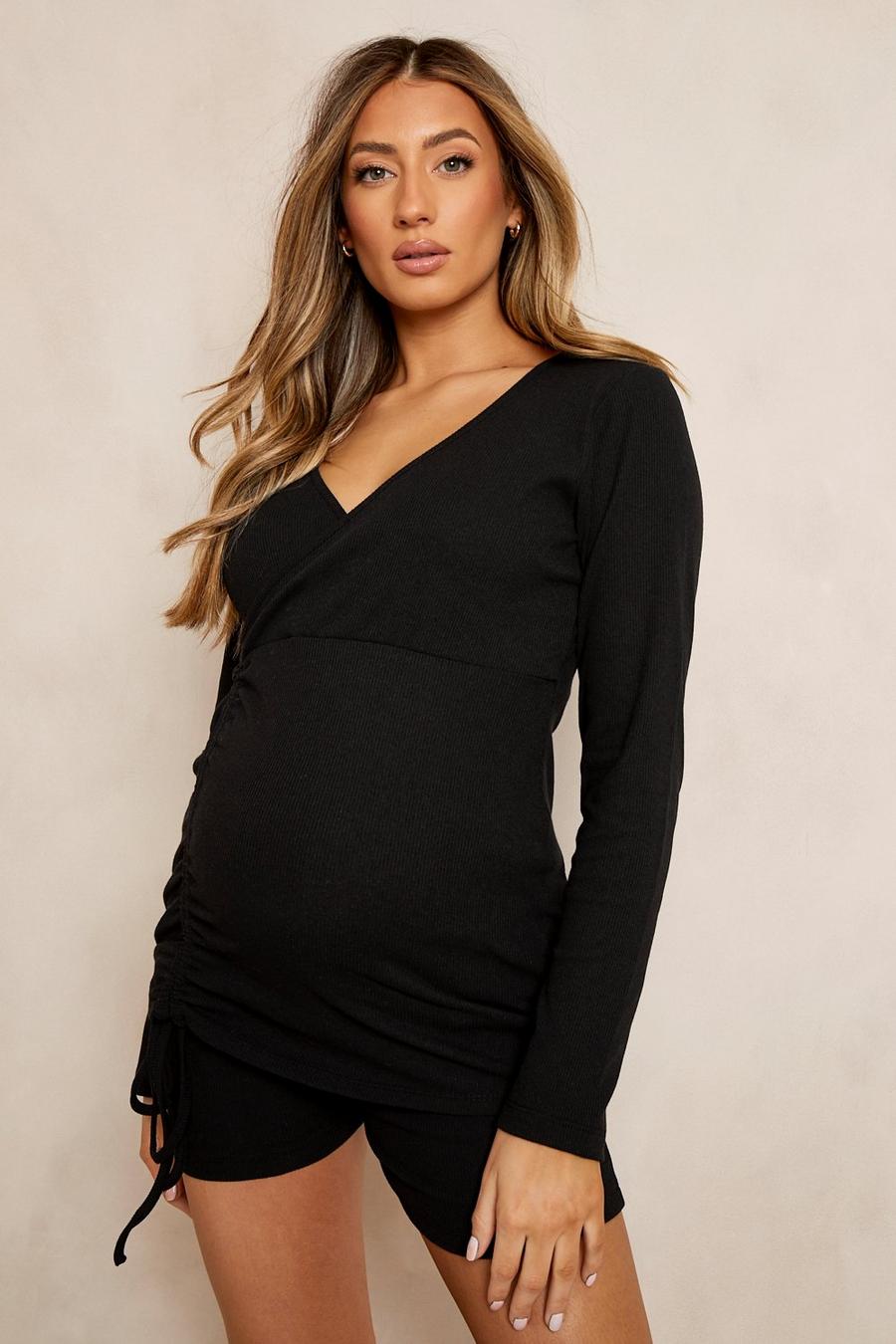 Black Maternity Nursing Wrap Ruched Side T-Shirt