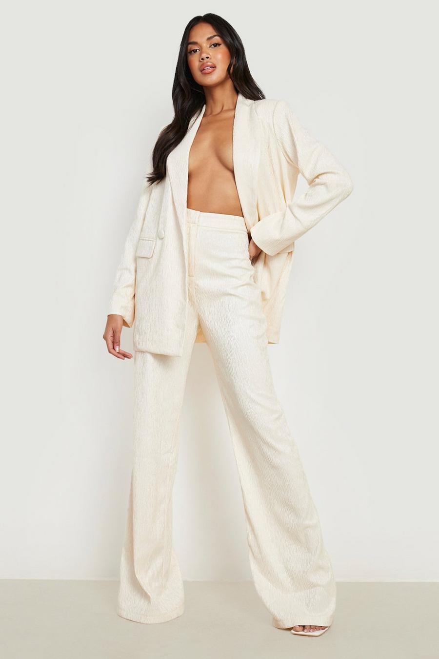 Ivory Textured Wide Leg Tailored Trousers