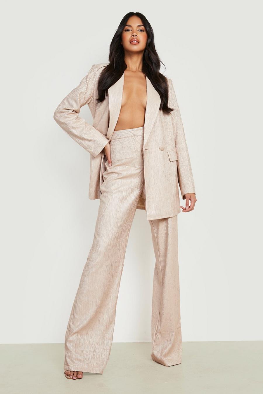 Taupe Textured Wide Leg Tailored Pants
