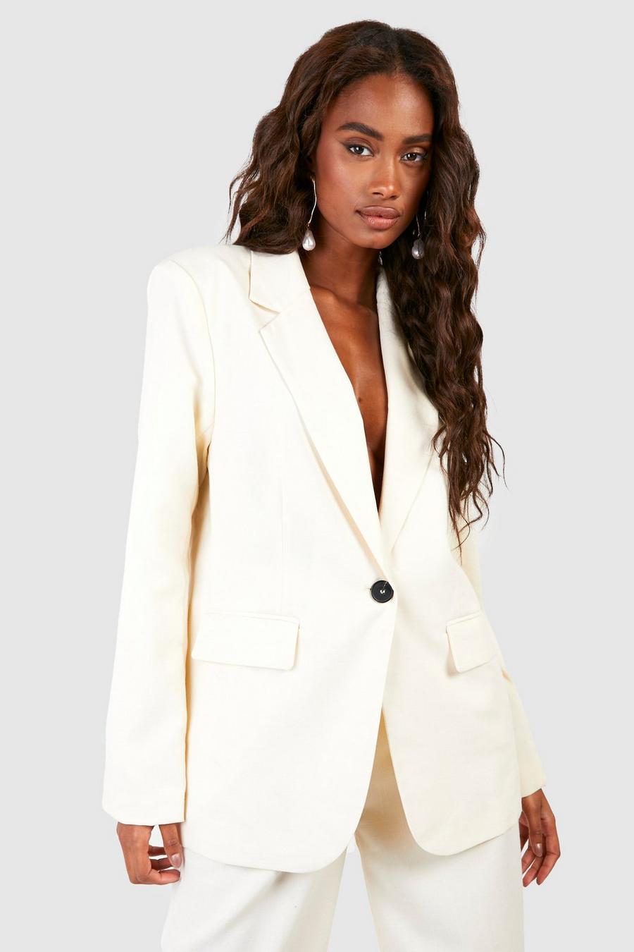 Cream white Textured Linen Look Tailored Blazer