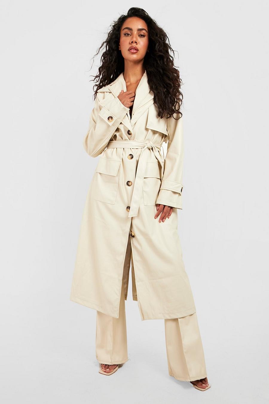 Ecru Faux Leather Trench Coat