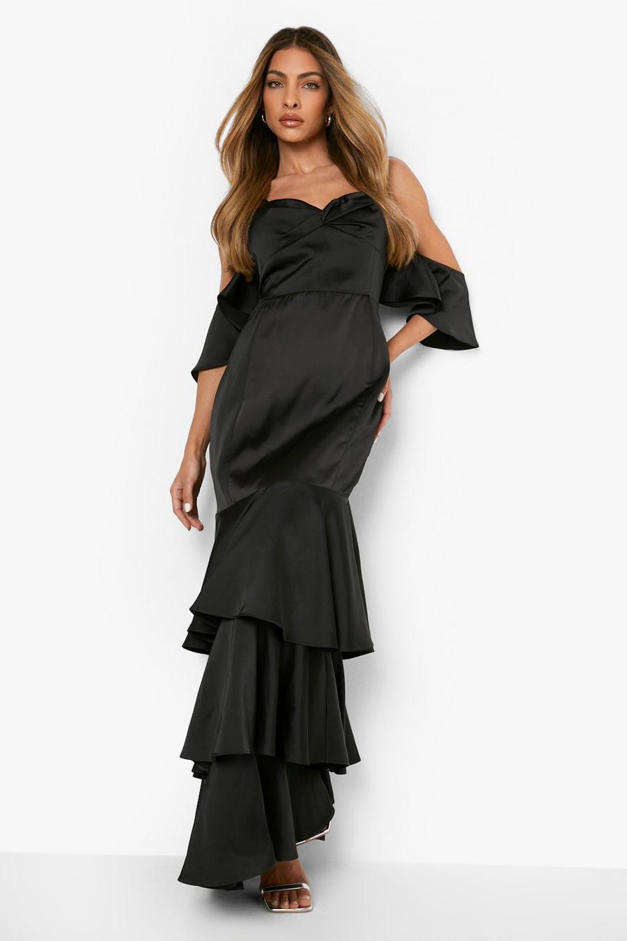 Black Lång cold shoulder-klänning i satin med volanger image number 1