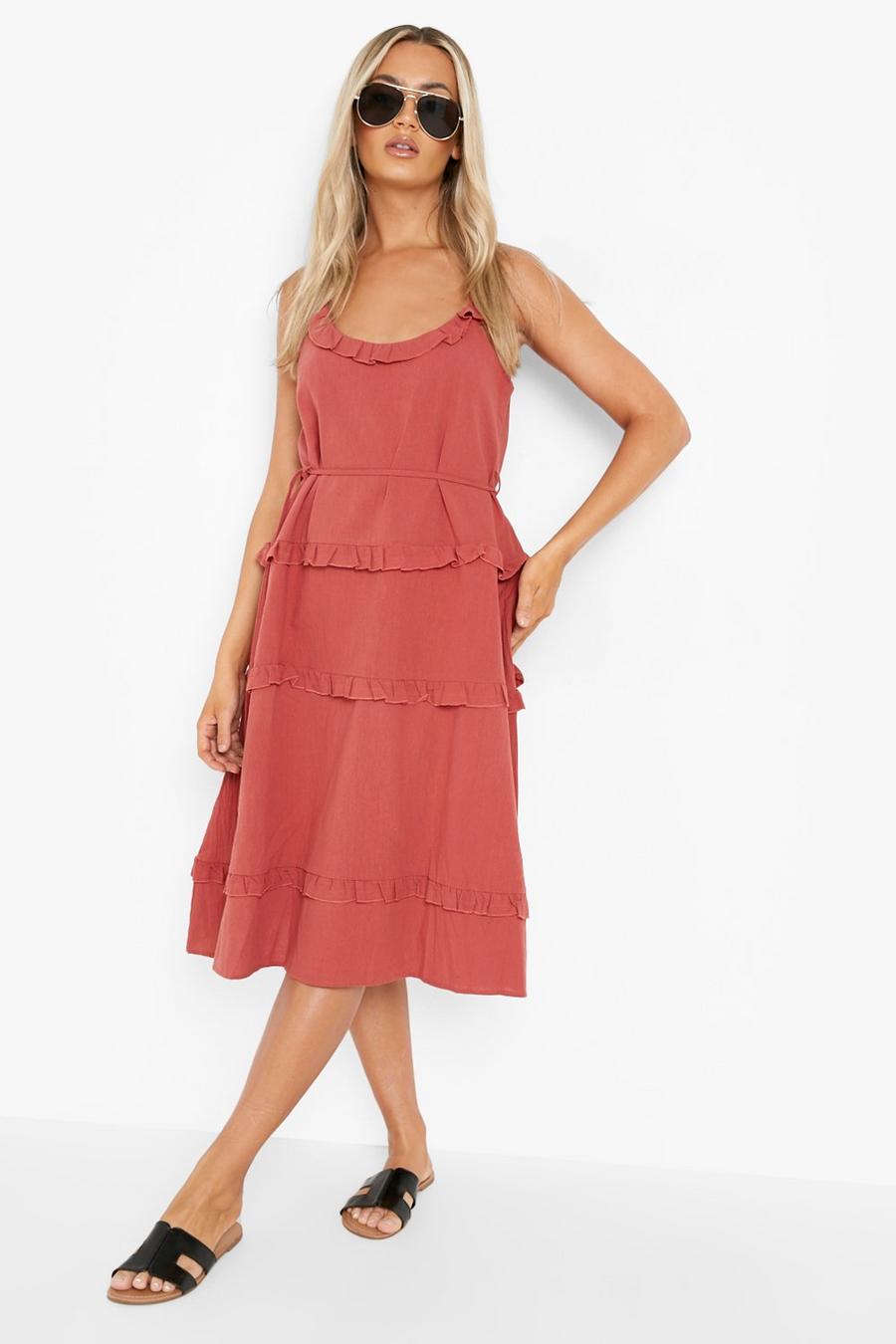 Rust Cheesecloth Tiered Frill Midi Skater Dress