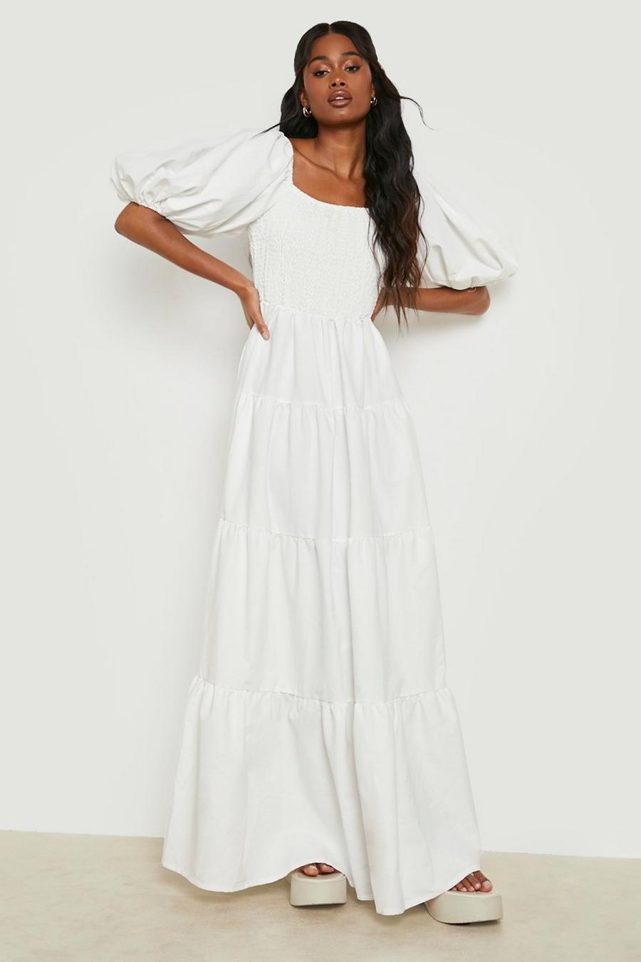 White Extreme Puff Sleeve Shirred Maxi Smock Dress