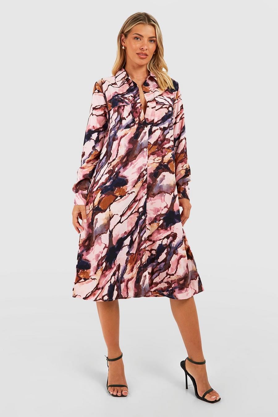 Oversize Hemd-Kleid in Midi-Länge mit Marmor-Print, Blush