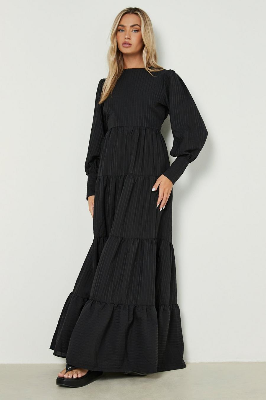 Black Crinkle Puff Sleeve Tiered Maxi Dress