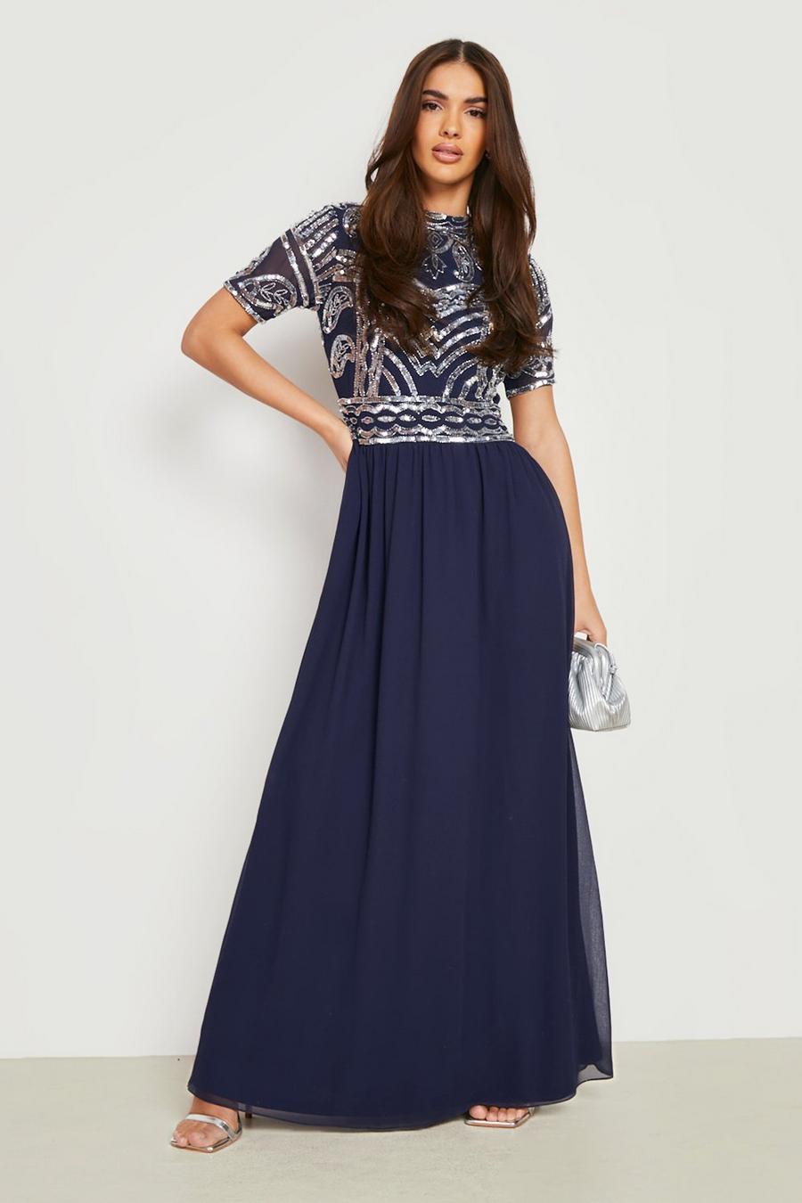 Navy Bridesmaid High Neck Embellished Maxi Dress