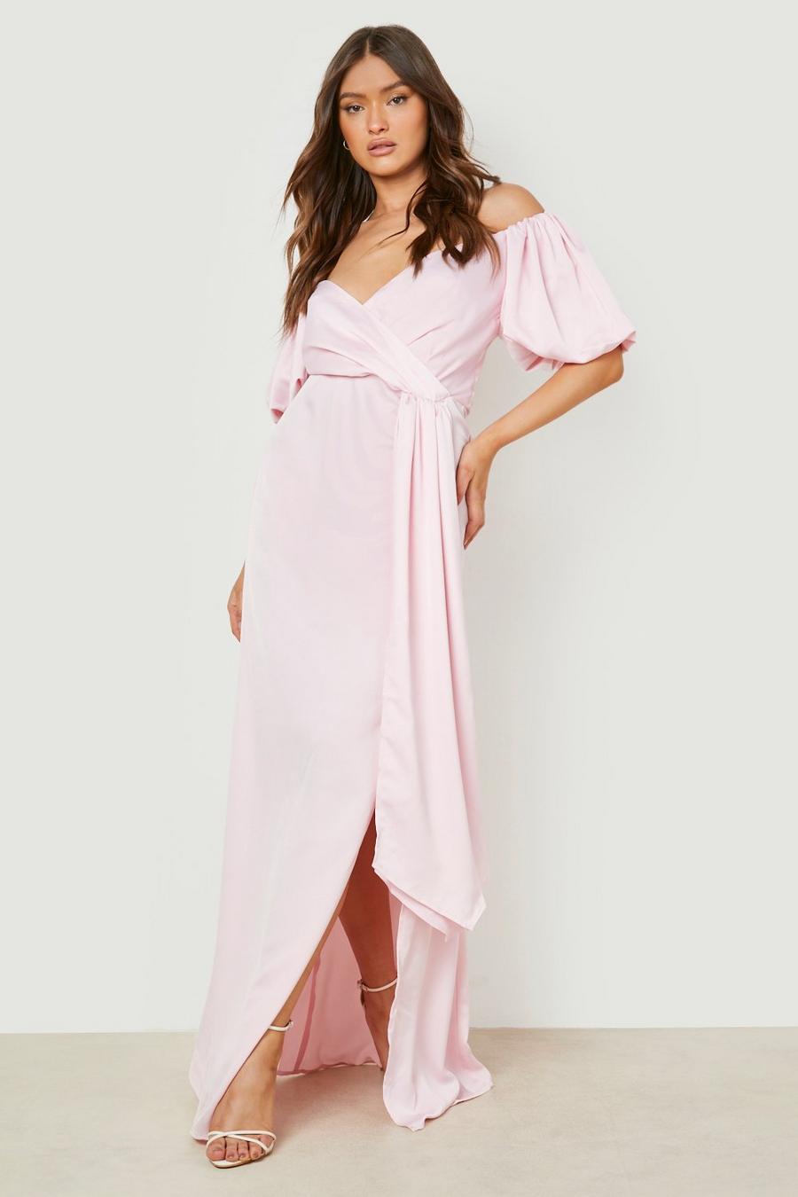 Pink Off The Shoulder Puff Sleeve Maxi Dress