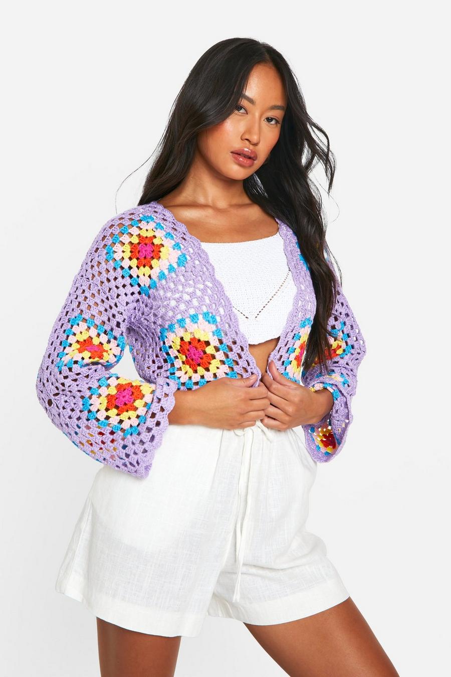 Lilac Premium Patchwork Crochet Cropped Cardigan
