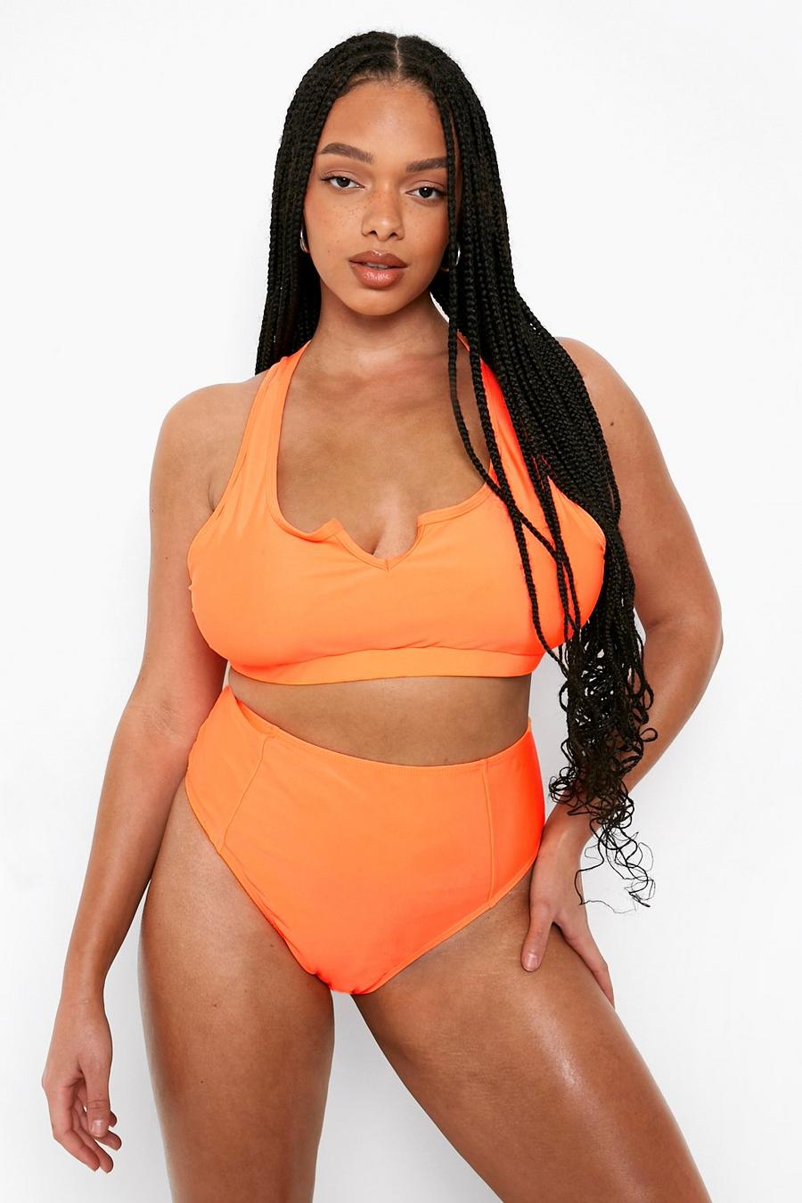 Top bikini Plus Size Essentials in colori fluo con intaglio sullo scollo, Neon-orange