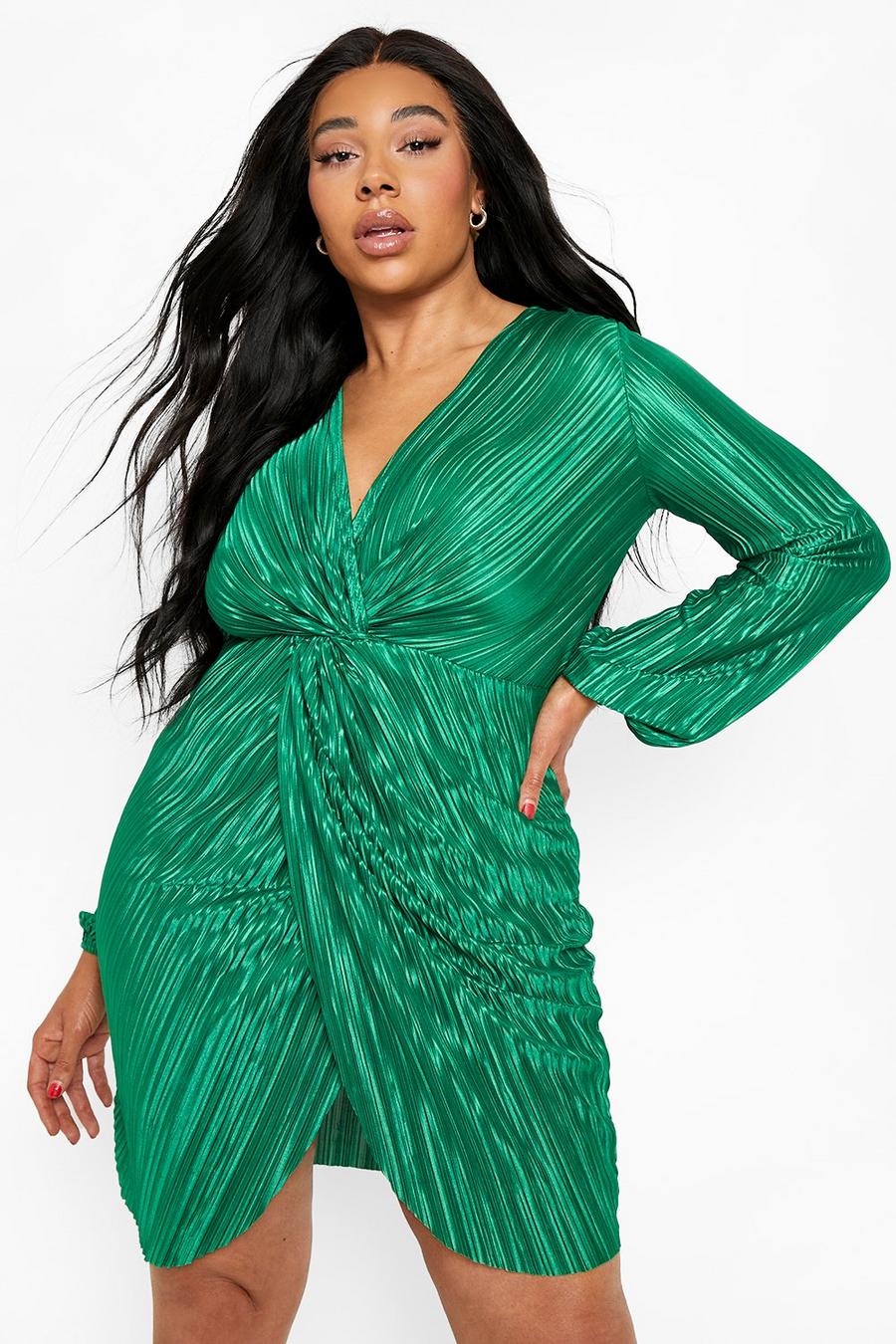 Green Plus Plisse Twist Front Wrap Dress