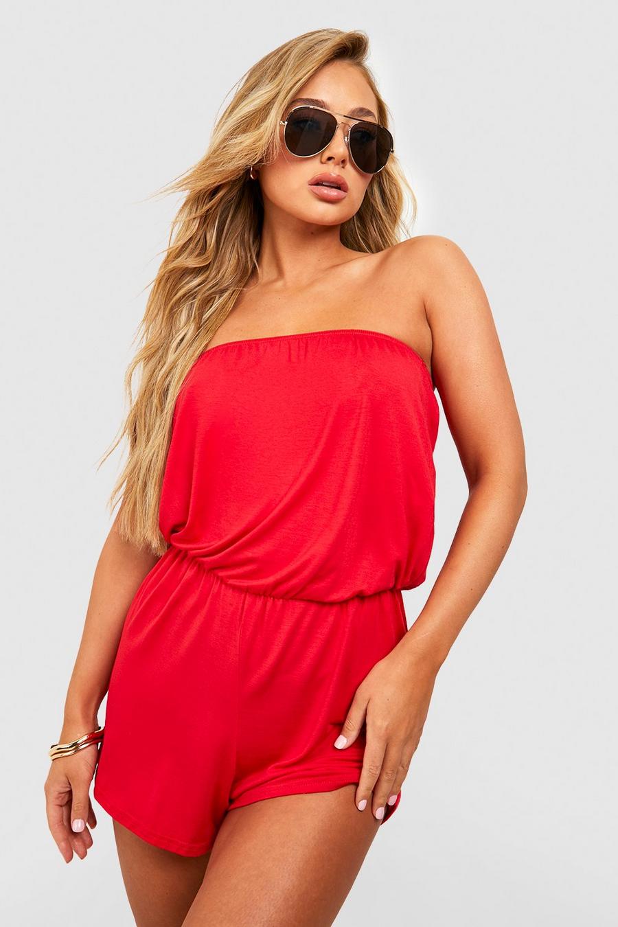 Red Strapless Jersey Strand Playsuit