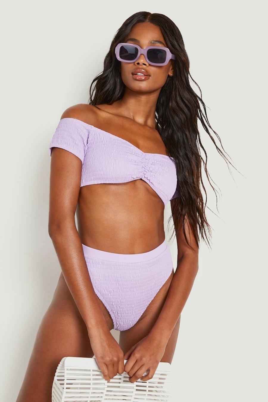 Lilac Shirred Short Sleeve Off The Shoulder Bikini Top