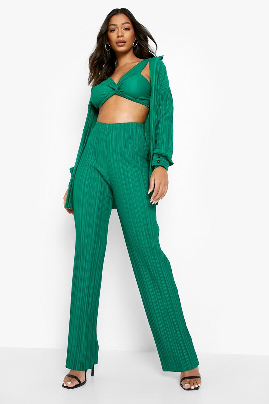 Bottle green High Waisted Plisse Wide Leg Trousers