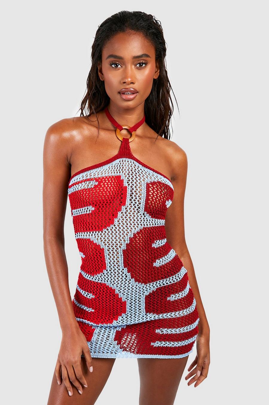 Chocolate Crochet Halter Square Ring Beach Dress