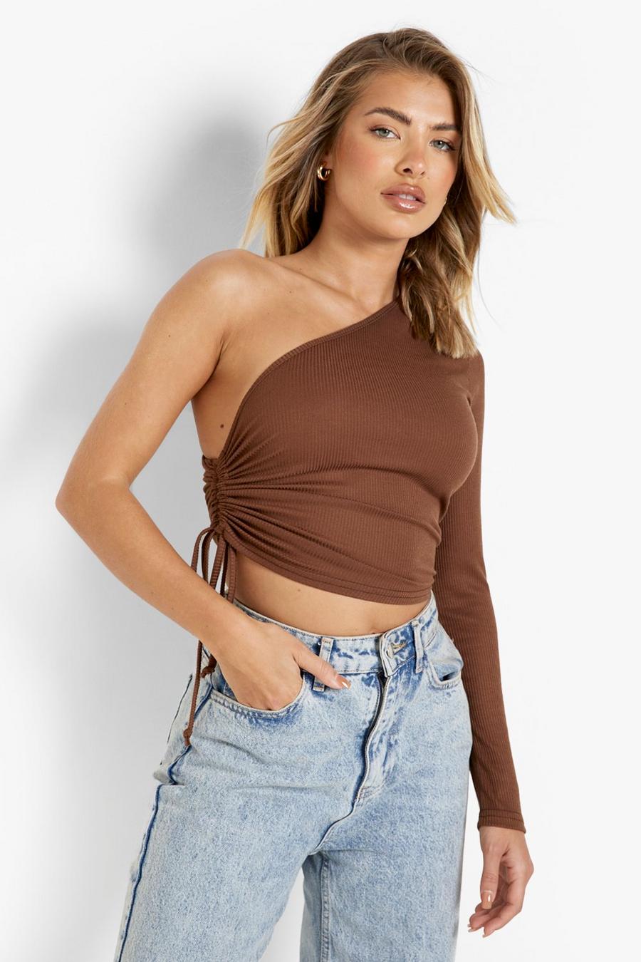 Chocolate Rib One Shoulder Side Ruched Top