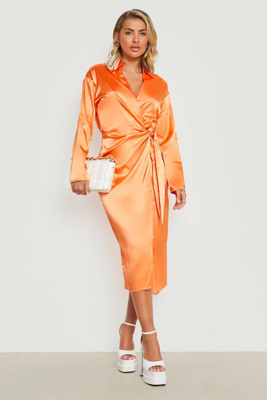 Orange Satin Wrap Midi Shirt Dress