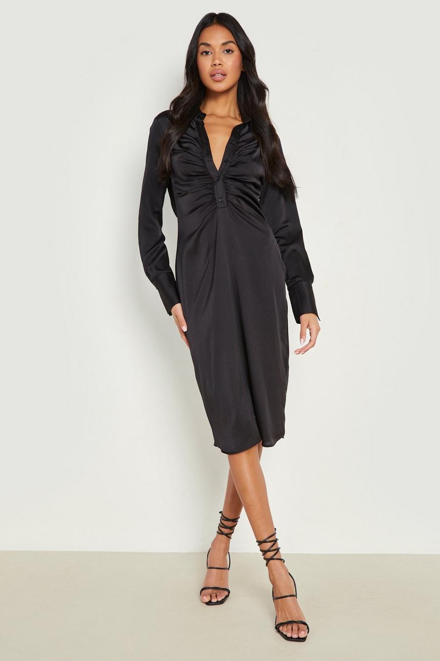 Black Satin Rouched Shirt Midi Dress