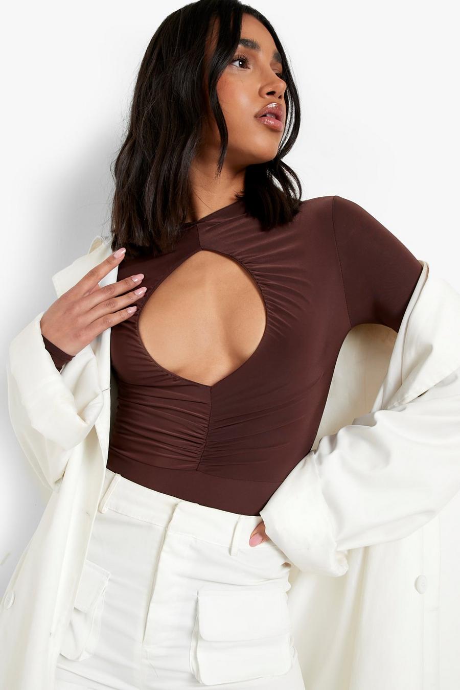 Chocolate Double Layer Mesh Ruched Bodysuit